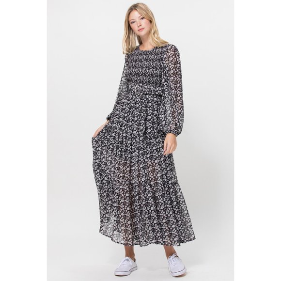Dresses & Skirts - Black Floral Print Midi Dress